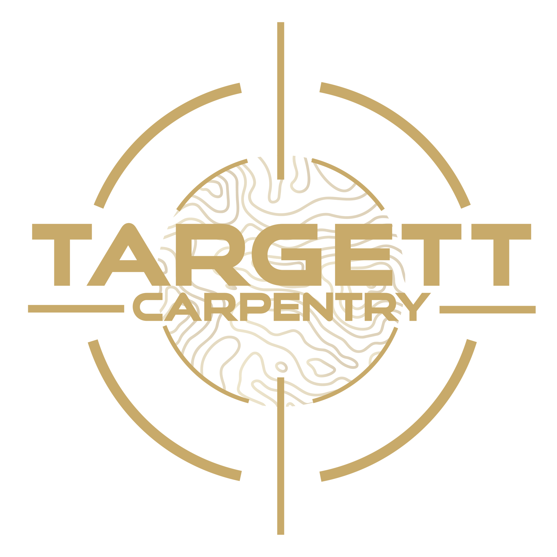 Gold TARGETT CARPENTRY logo with circular sawblade motif and crosshair design on white background