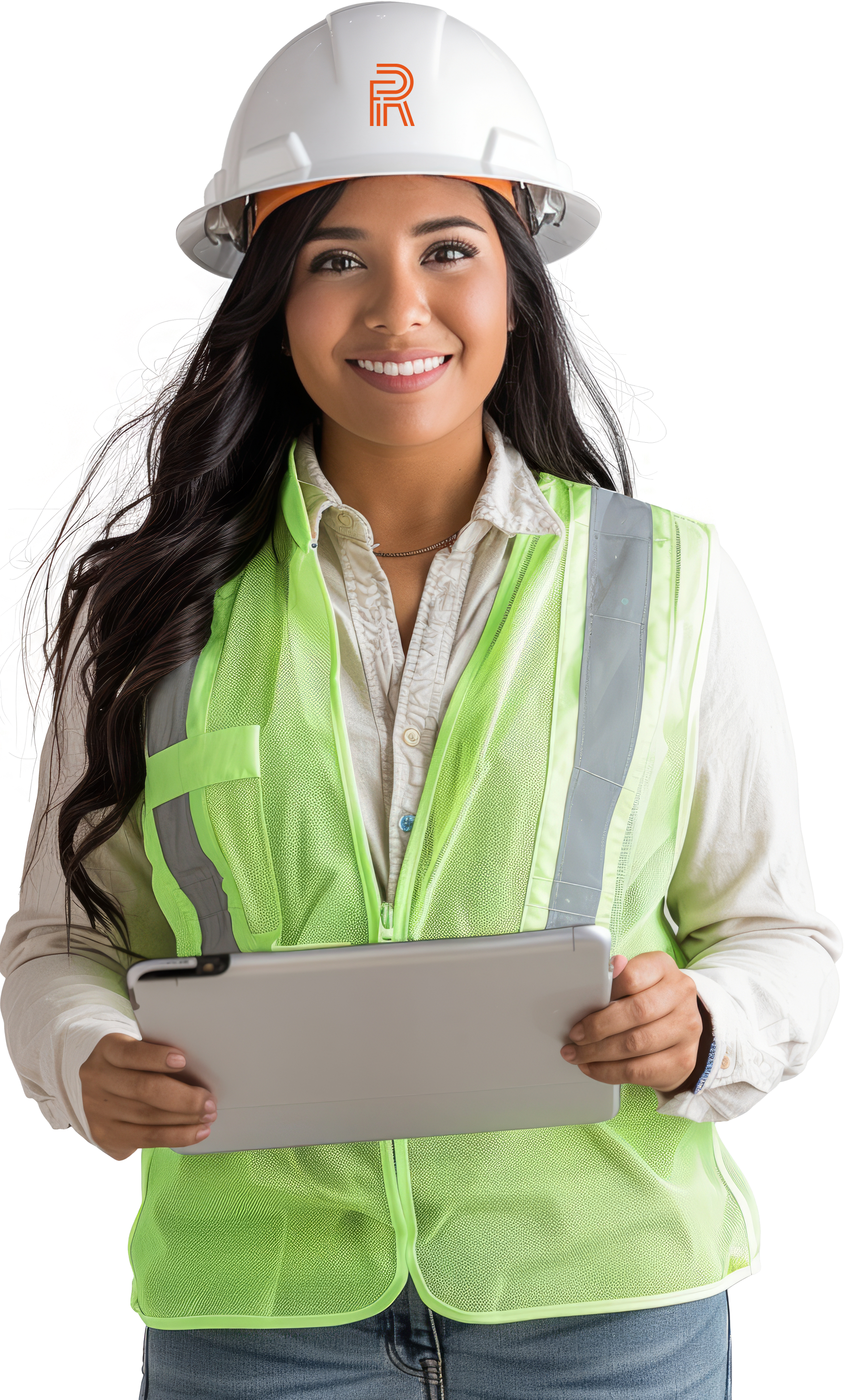 Mujer vestida con ropa de construcción, con casco y chaleco, sosteniendo una tableta y sonriendo.