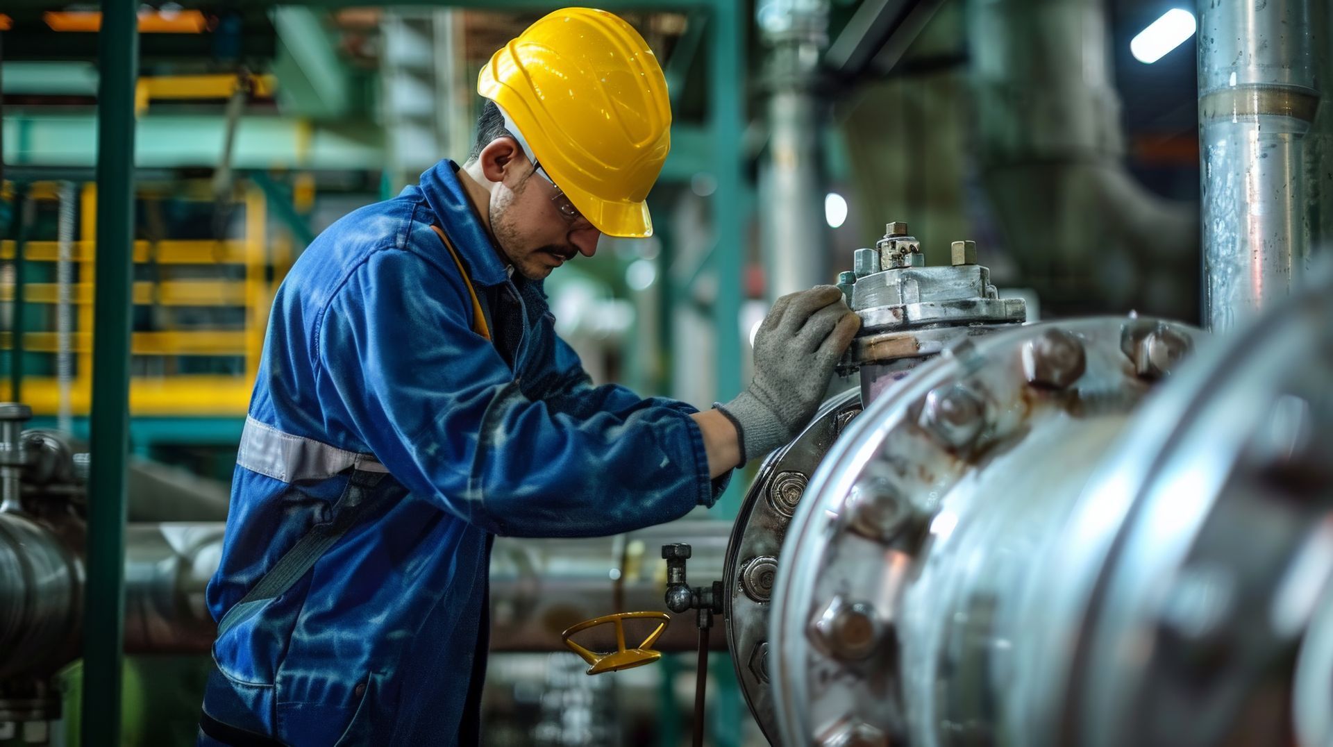 Hombre con traje de trabajo azul y casco amarillo trabajando con maquinaria en una fábrica.