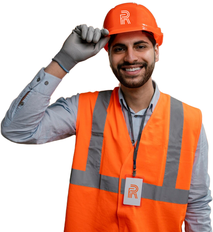 Persona sonriente con chaleco de seguridad naranja y casco, saludando con la mano.