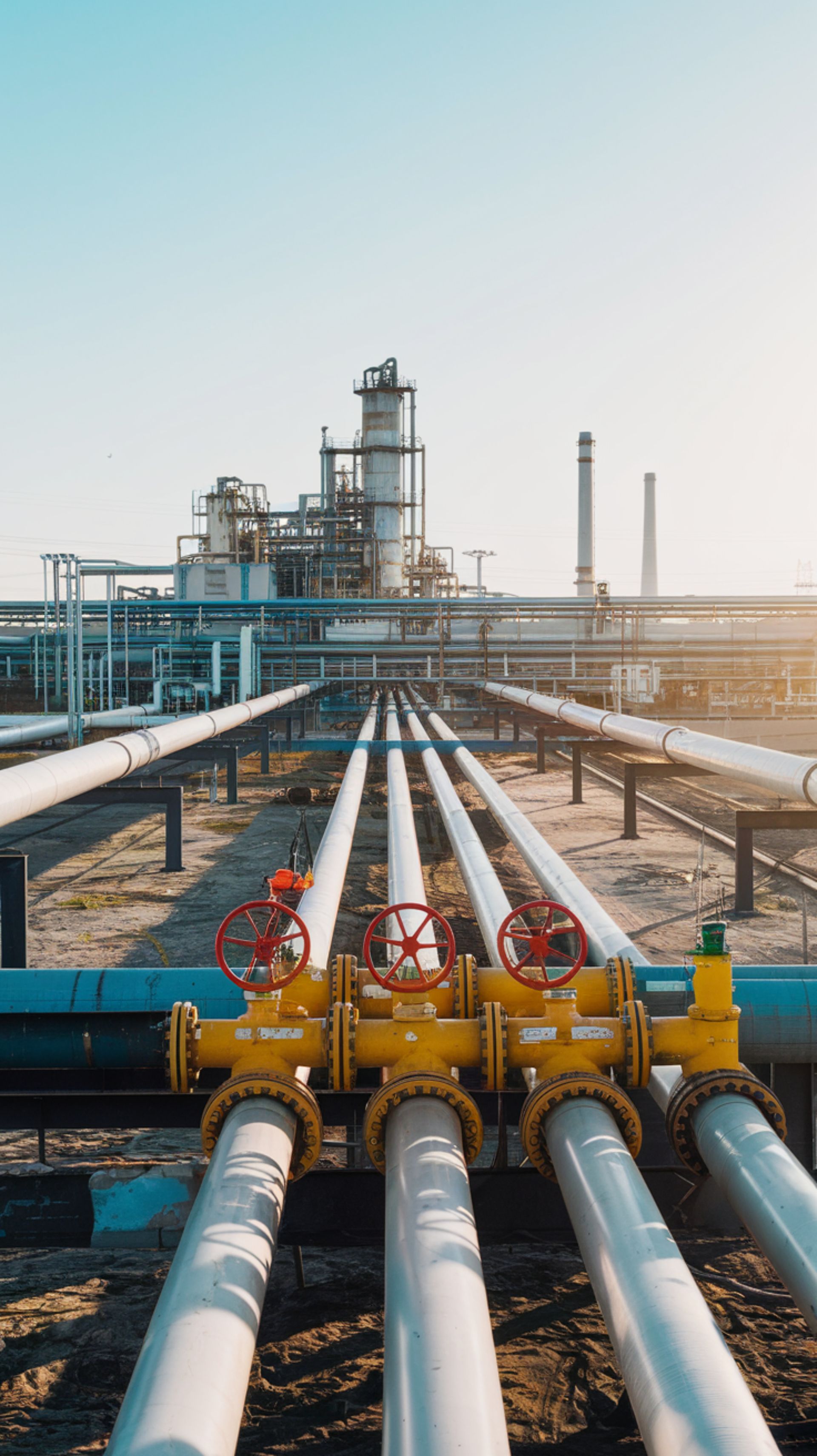 Refinería de petróleo con oleoductos y válvulas.