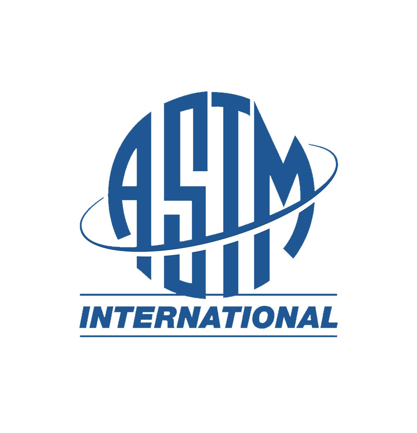 Logotipo de ASTM International: texto azul dentro de un óvalo azul con un globo terráqueo dando vueltas.