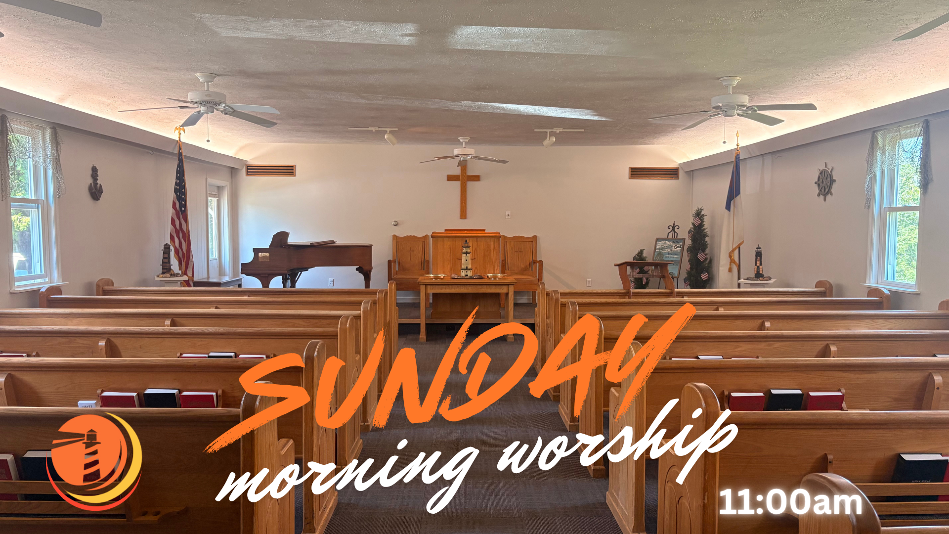 Church sanctuary with altar and cross, overlaid text: “Sunday morning worship” and “11:00am”
