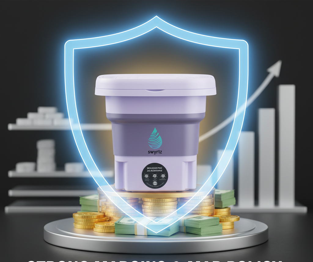 Purple portable washing machine with glowing shield, coins, and a rising graph.