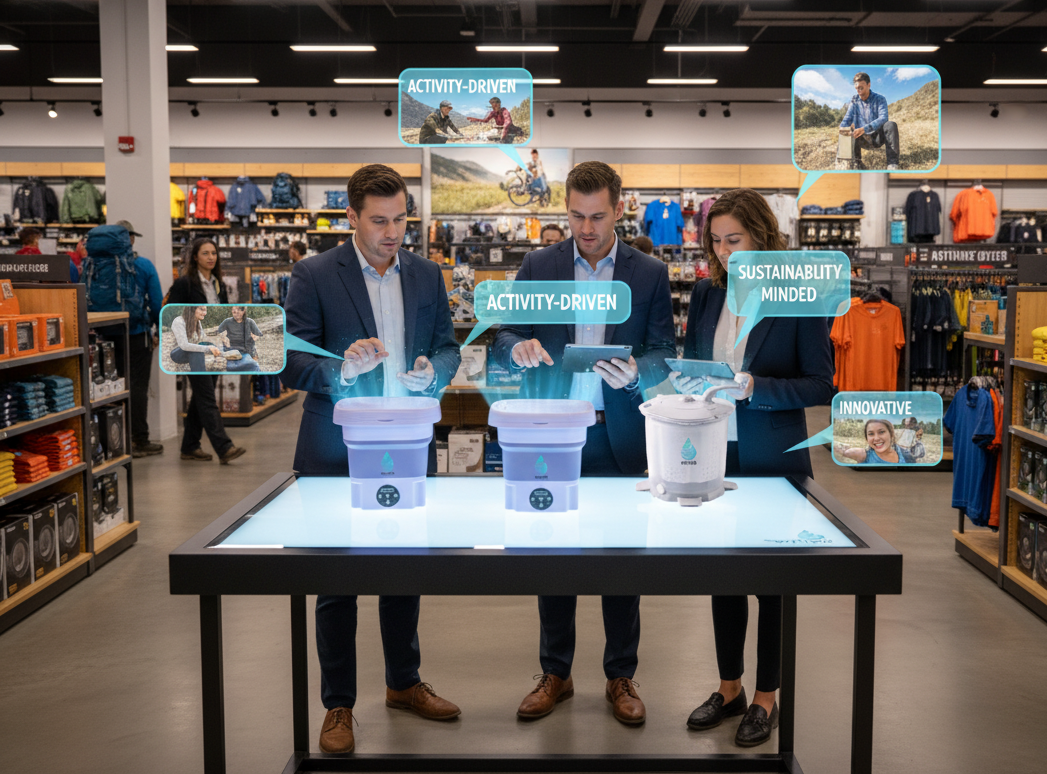 Three people using AR displays in a store, interacting with product info. Displays show photos and text. Store is brightly lit.