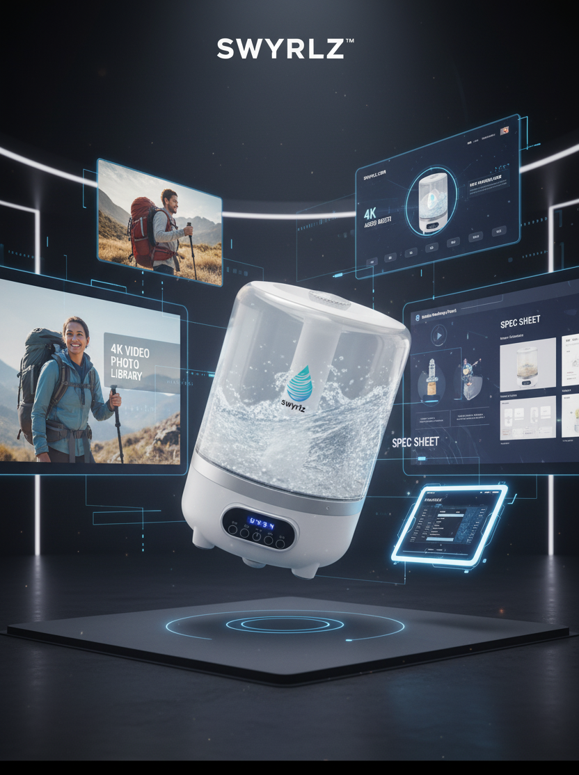 SWYRLZ water purifier with displays showing hikers and smart features.