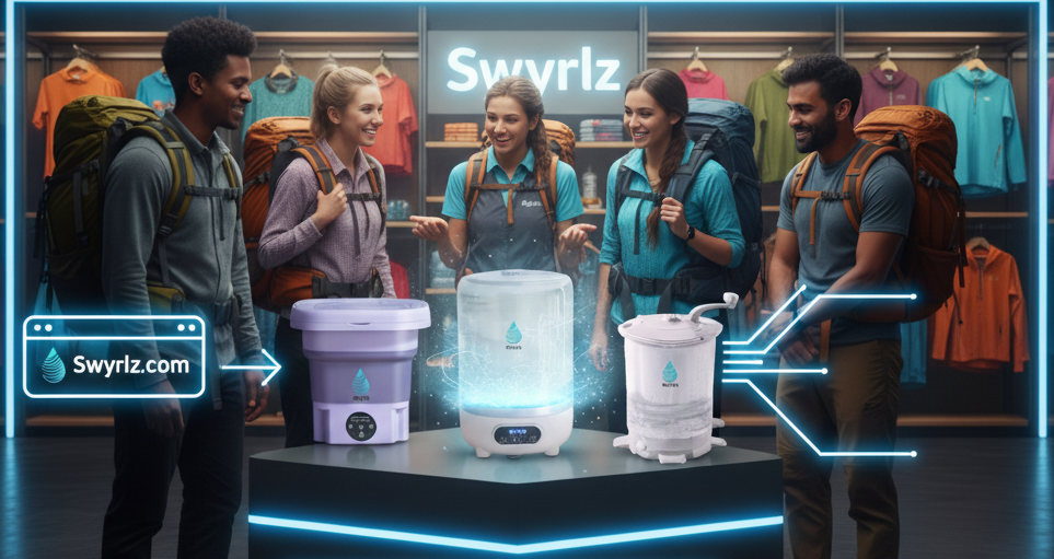 Hikers with backpacks in a store, pointing at portable washing machines, Swyrlz logo, website address on a screen.