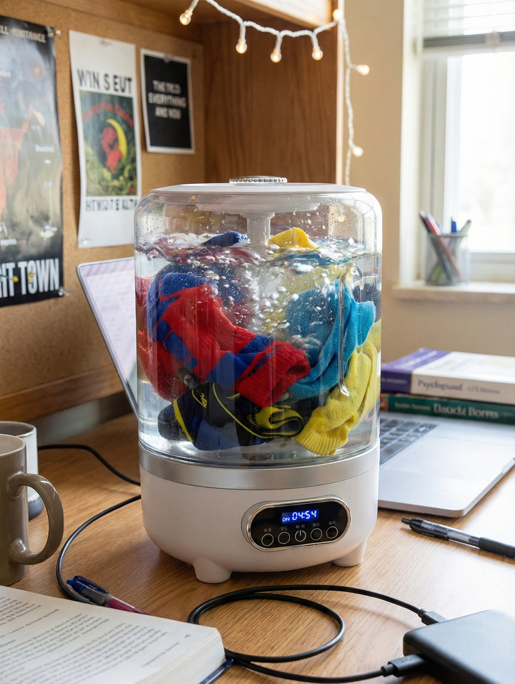 A small white portable washing machine with clothes inside on a desk.