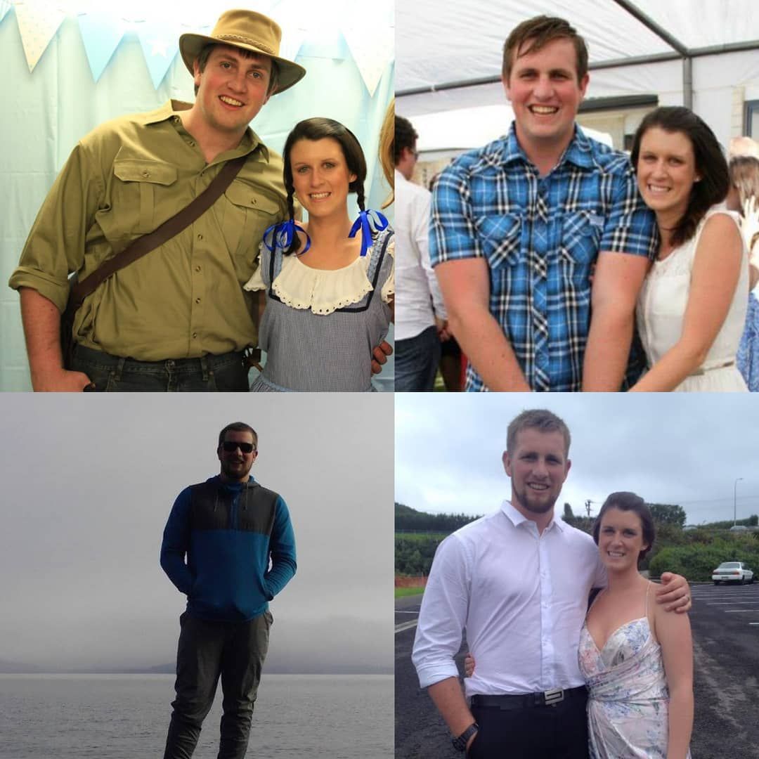 Four photos of a smiling couple together at indoor and outdoor settings, including casual and formal outfits