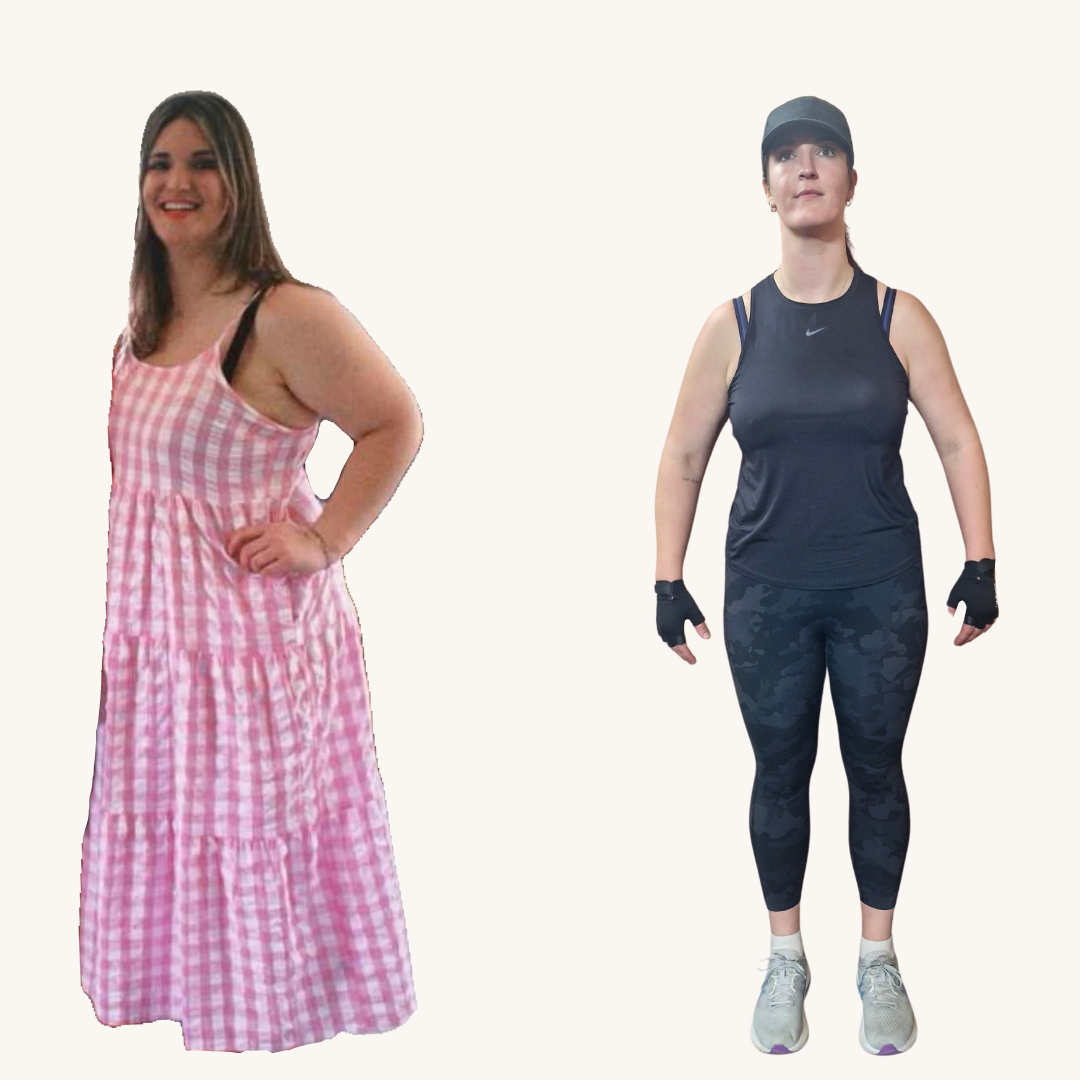 Two women posing side by side on a white background, one in a pink gingham dress, one in black workout clothes.