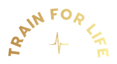 Gold “TRAIN FOR LIFE” text arched around a heartbeat line on a white background