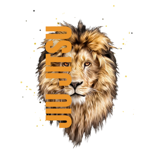 Stylized lion head with vertical orange “JESUS” text on a white background