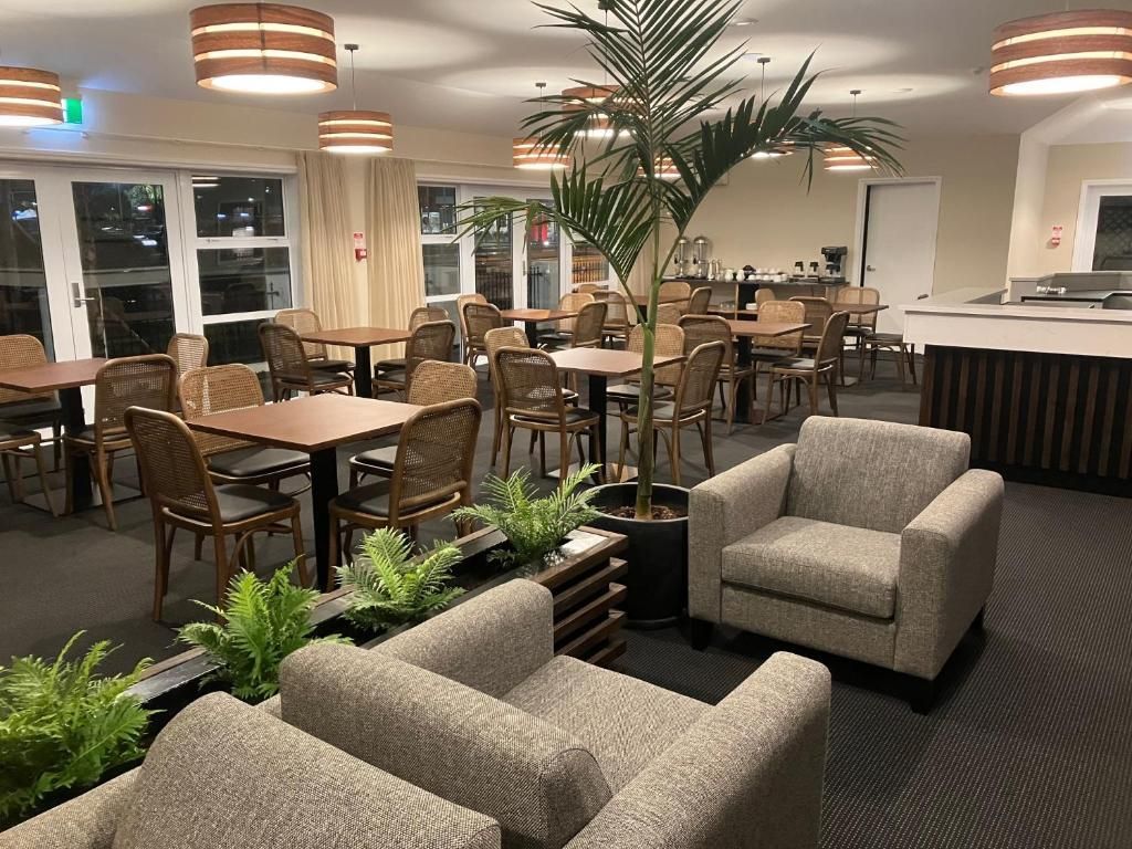 A large dining room with tables and chairs and a palm tree.