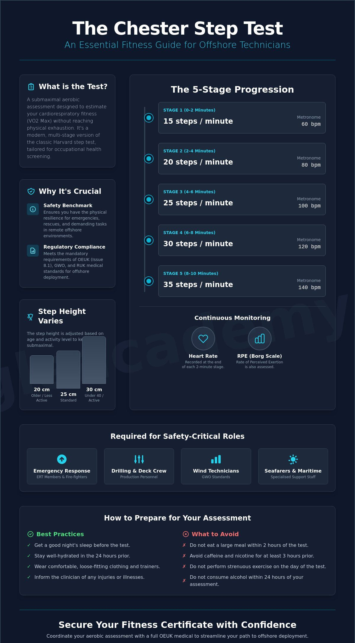 Dark blue infographic titled “The Chester Step Test” with instructions, timing charts, and a start button.