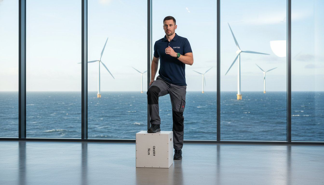 Man standing on a box in front of large windows overlooking the ocean and wind turbines performing a chester step test