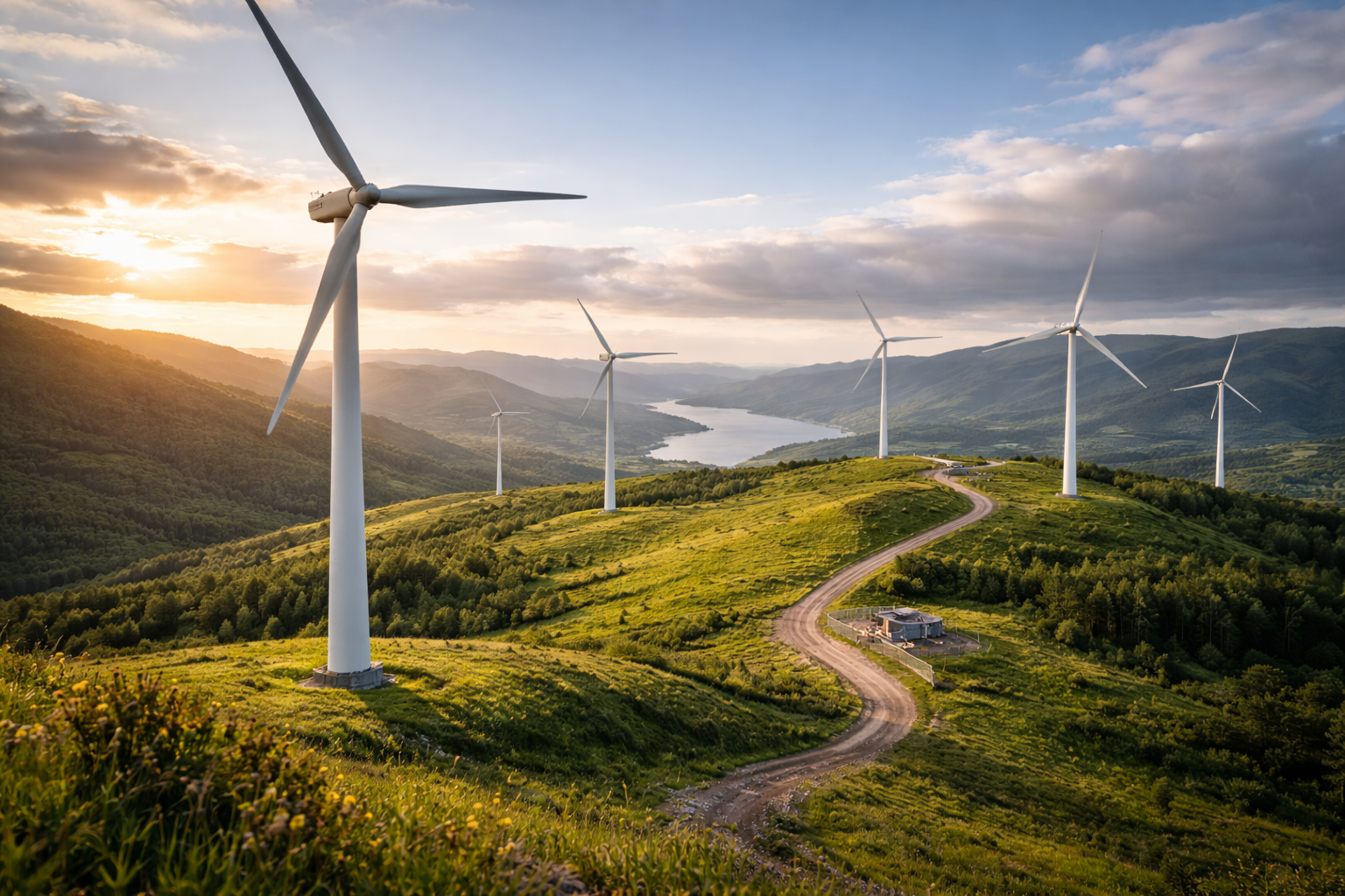 Wind turbines on a green hilltop, generating clean energy. Winding road leads to turbines; sunset.