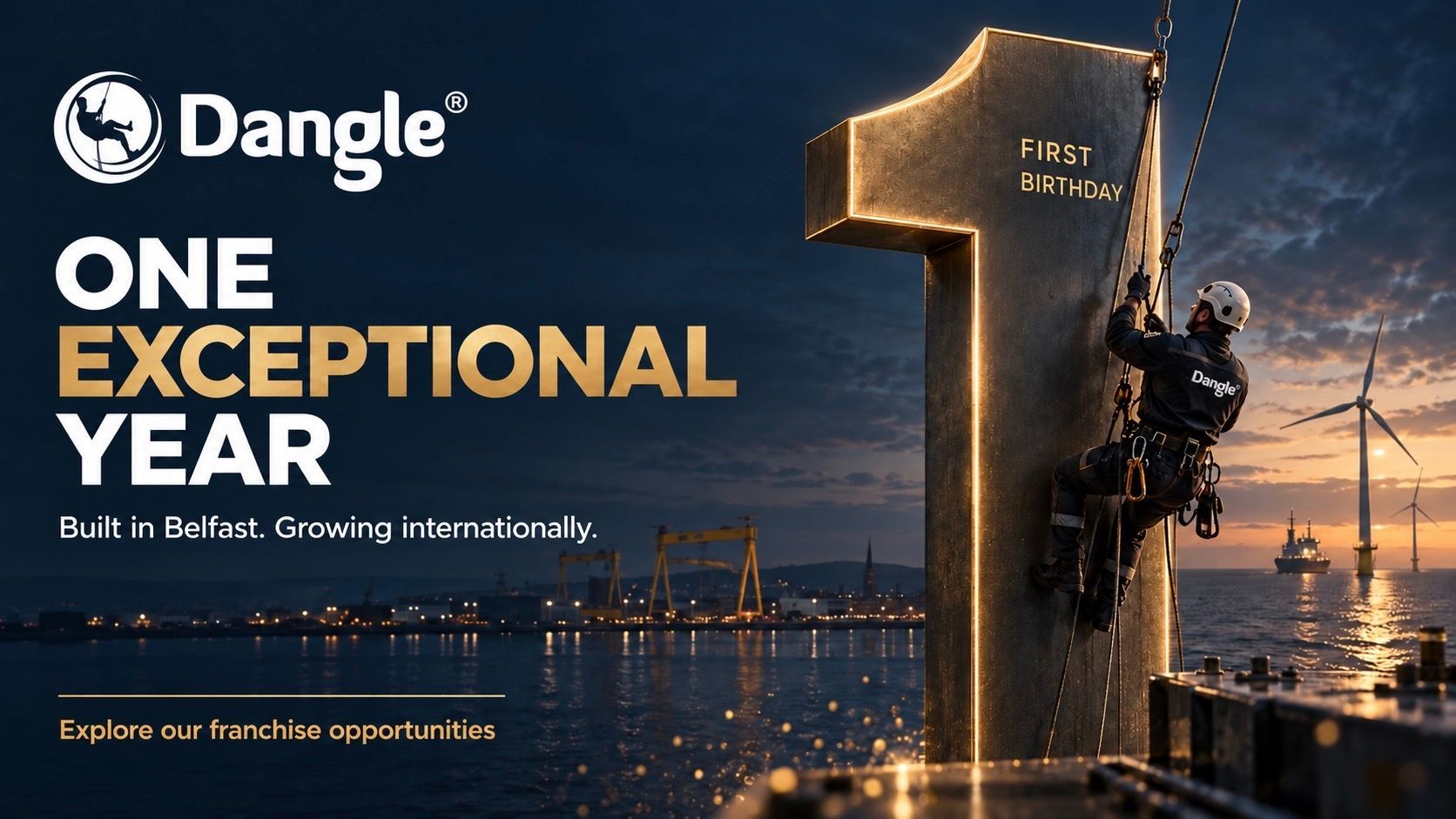 Dangle logo with “One Exceptional Year” text over a nighttime Belfast skyline and a climber on a tall numerical one