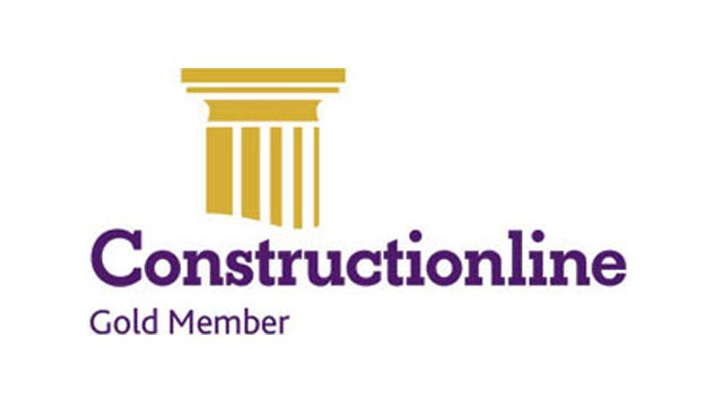 Constructionline Gold Member logo with gold column icon and purple text.