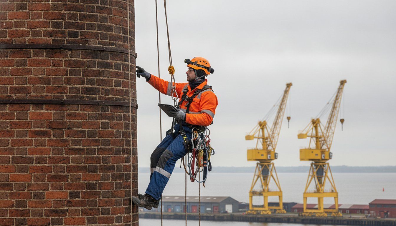 Rope-access worker in orange high vis top rappels down a brick wall, with cranes in the Belfast Harbour behind him.