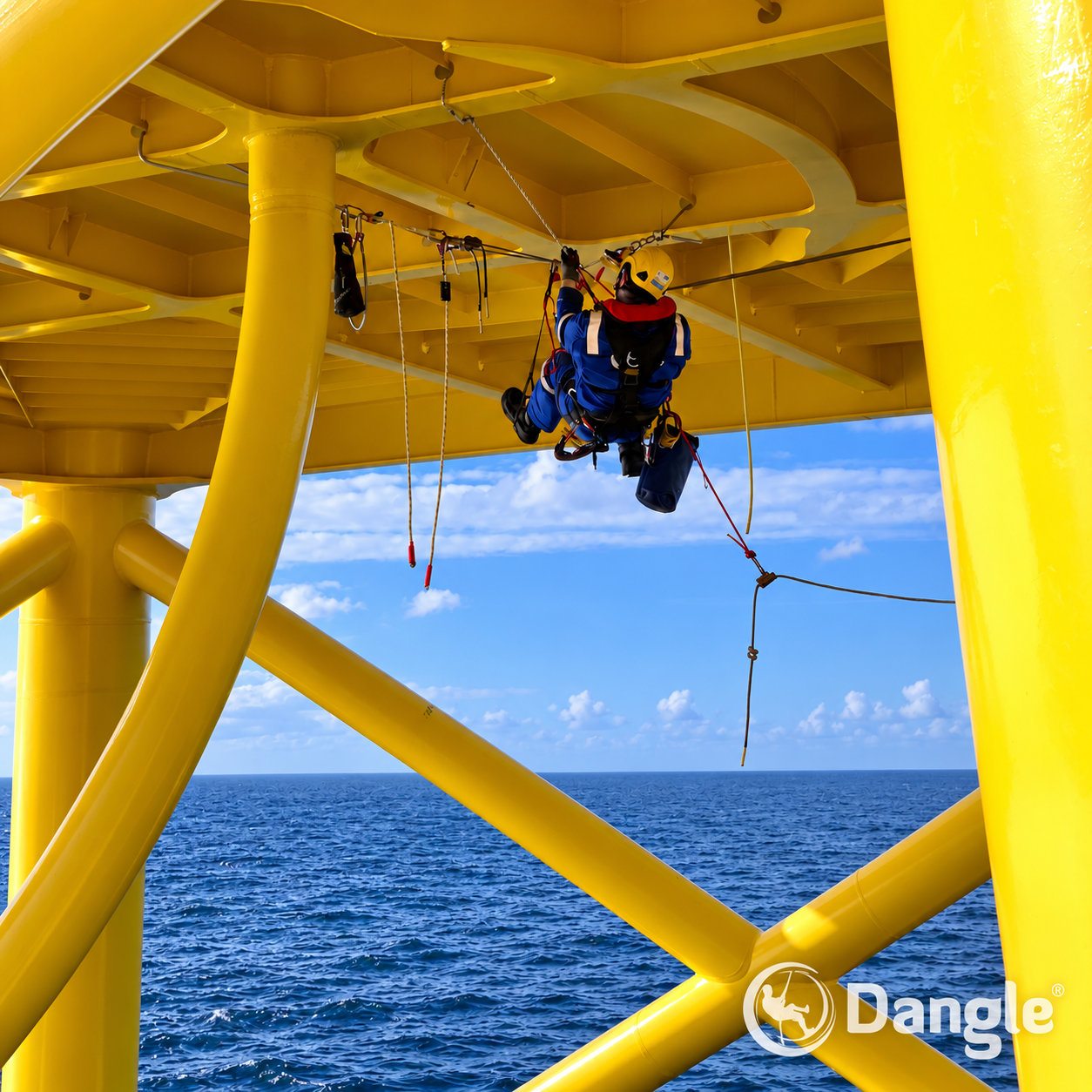 Worker suspended beneath yellow offshore structure above the ocean