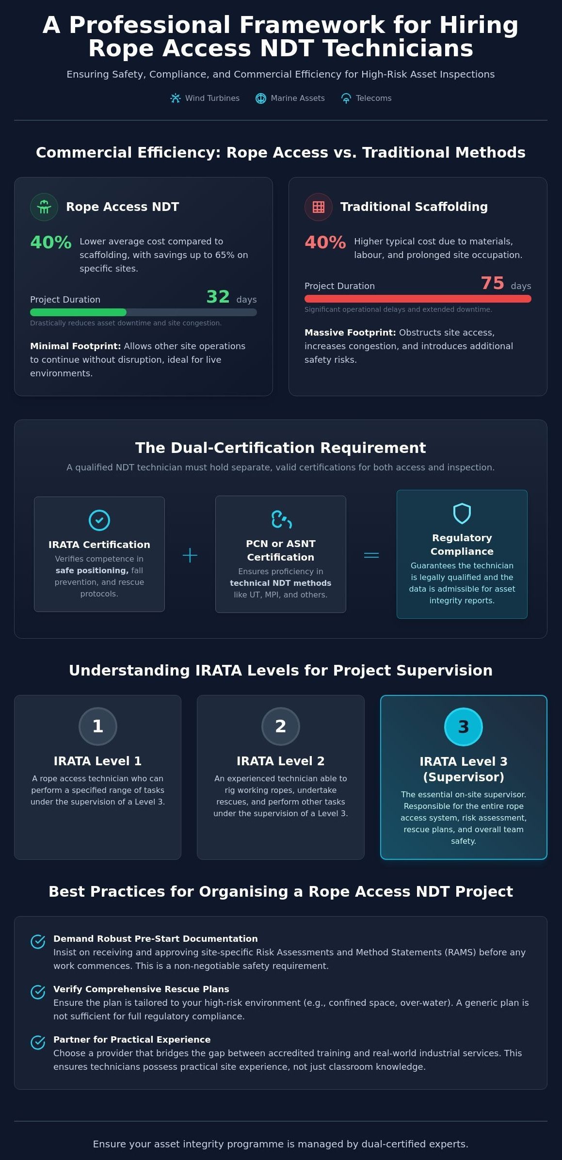 Infographic on hiring IRATA access NDT technicians with dark blue panels, icons, and step-by-step guidance.