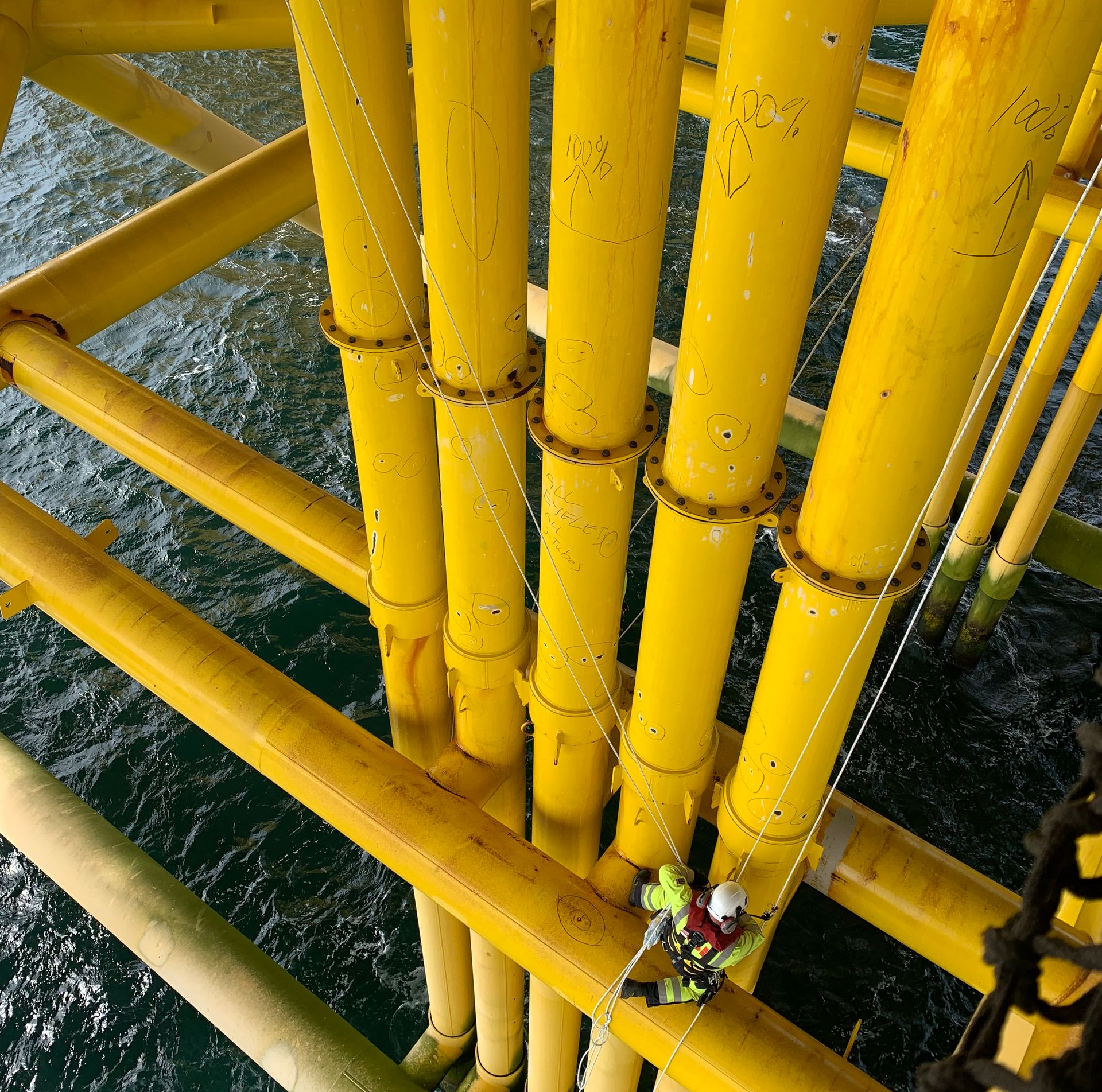 wind turbine j-tubes and caissons been inspected by Dangle's rope access team over water