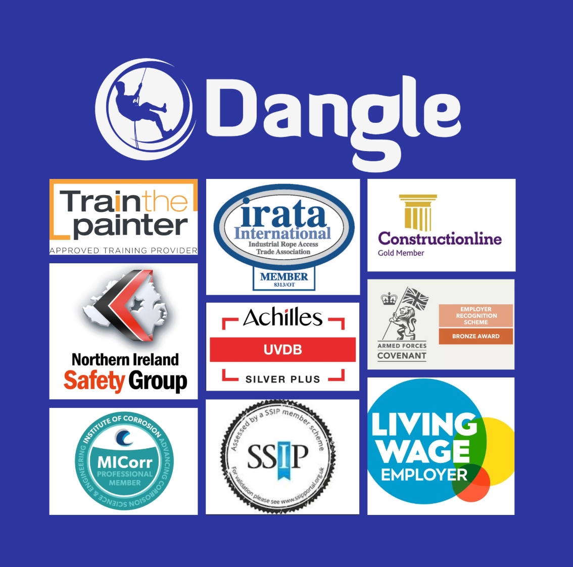 Logos for Dangle, a company. Logos include safety, construction, and training certifications.