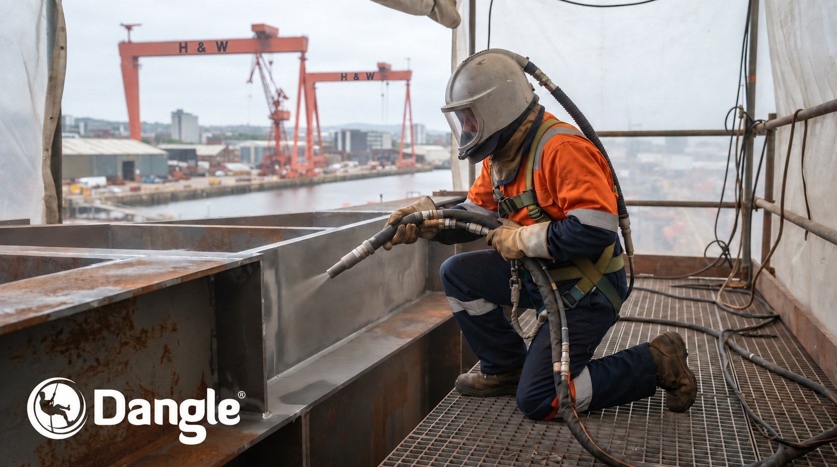 Worker abrasive blasting steelwork at Belfast Harbour, with Harland and Wolff cranes in the background