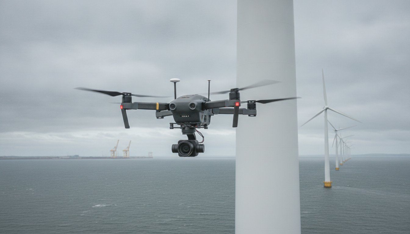 Drone flying beside a white wind turbine over a gray ocean on a foggy day