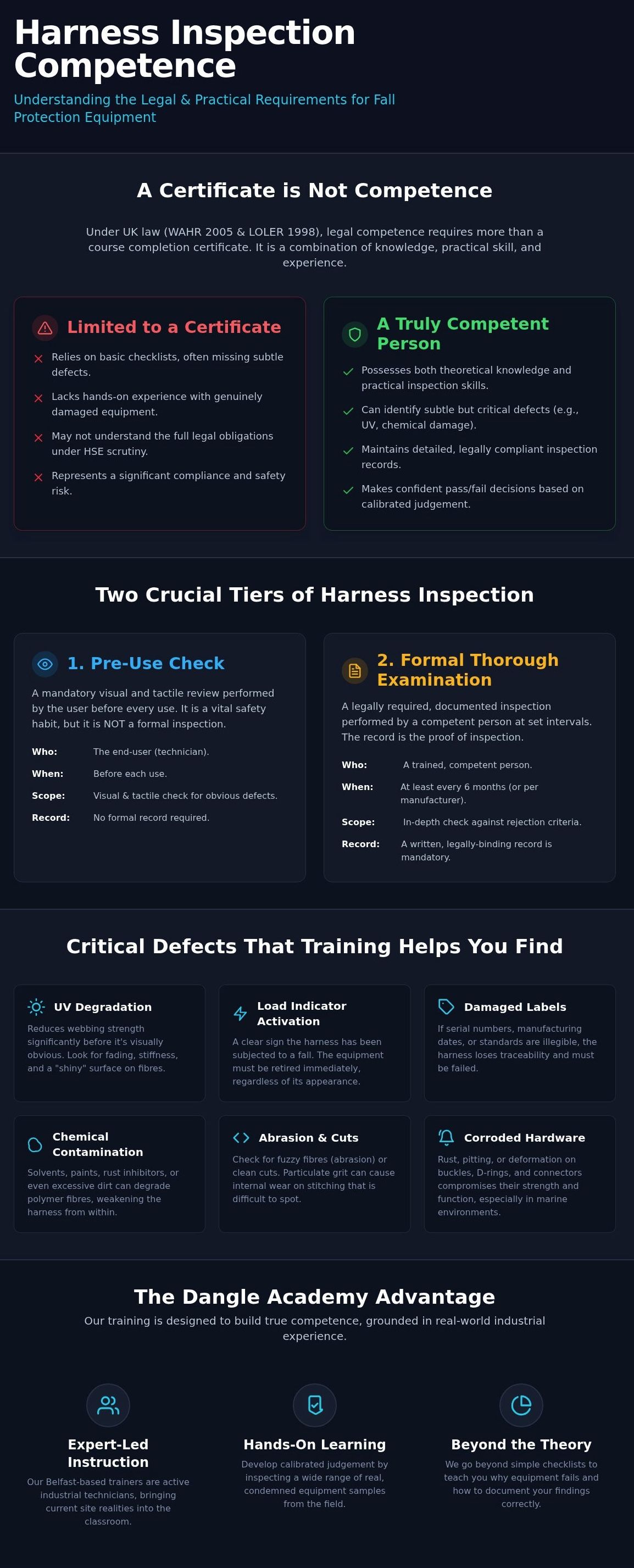 Dark themed Harness Inspection Company infographic with services, benefits, and pricing details in white and teal text