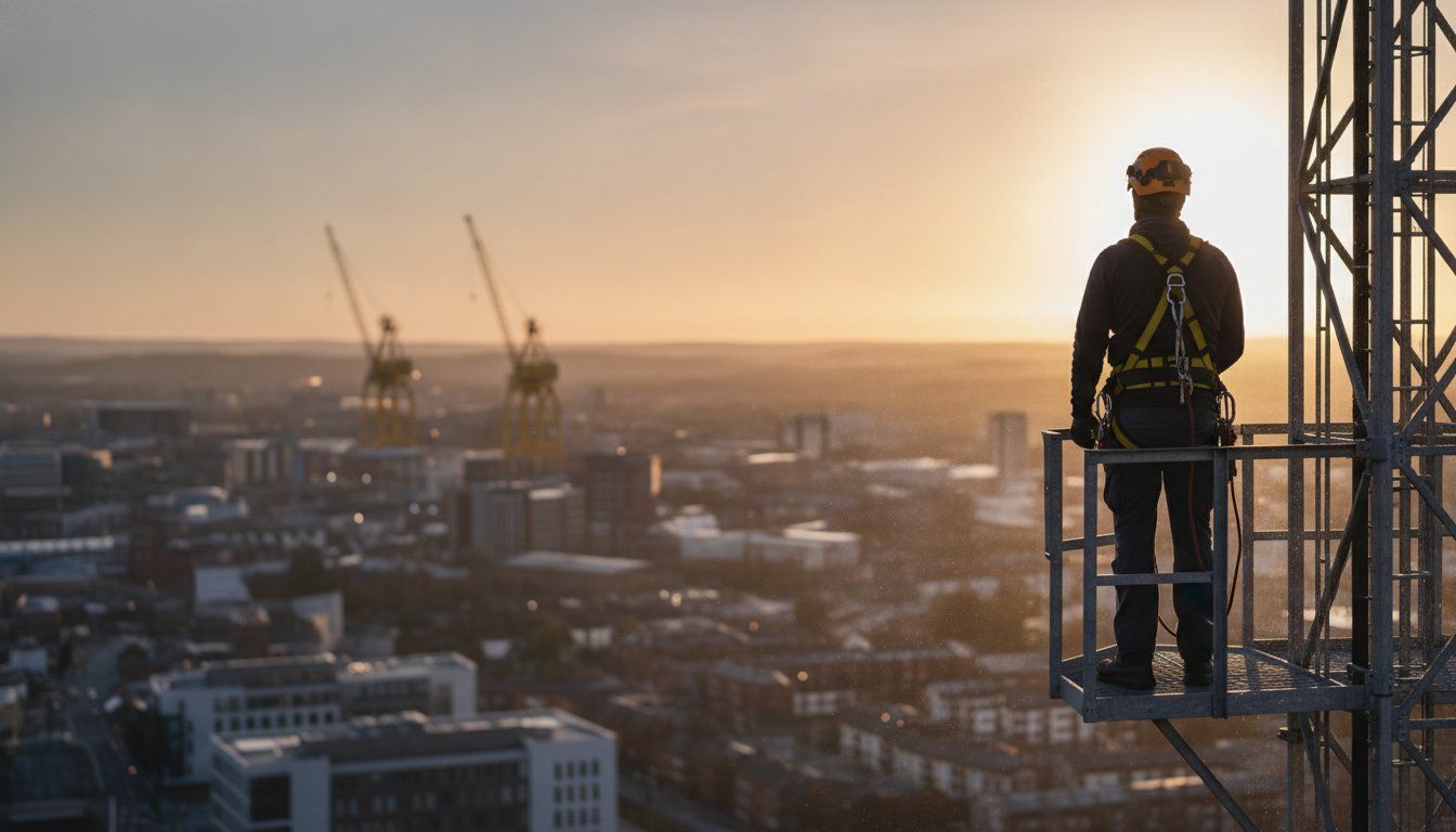 Worker stands on a high-rise mast tower overlooking Belfast city at sunset.
