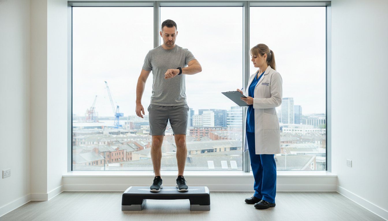 Person standing on a balance platform while a clinician in a white coat observes in Dangle Academy.