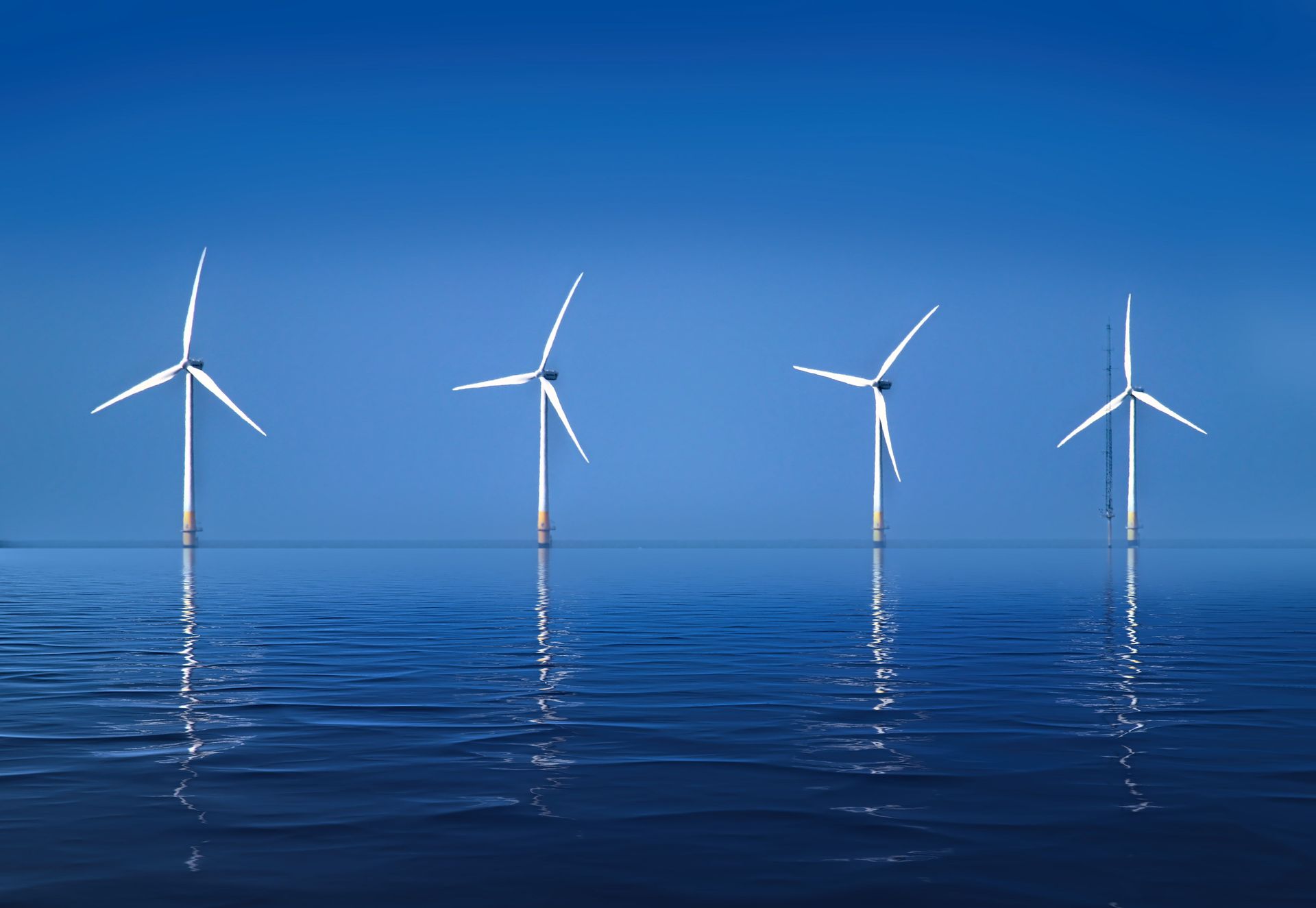 Four white wind turbines standing in calm blue ocean water under a clear sky