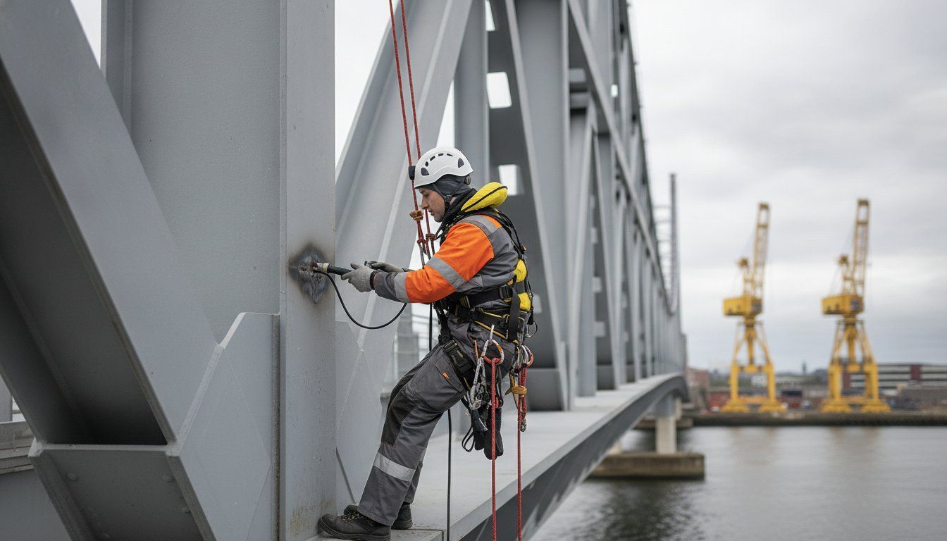 Worker in safety gear climbs a steel bridge beam over water, with cranes in the background.