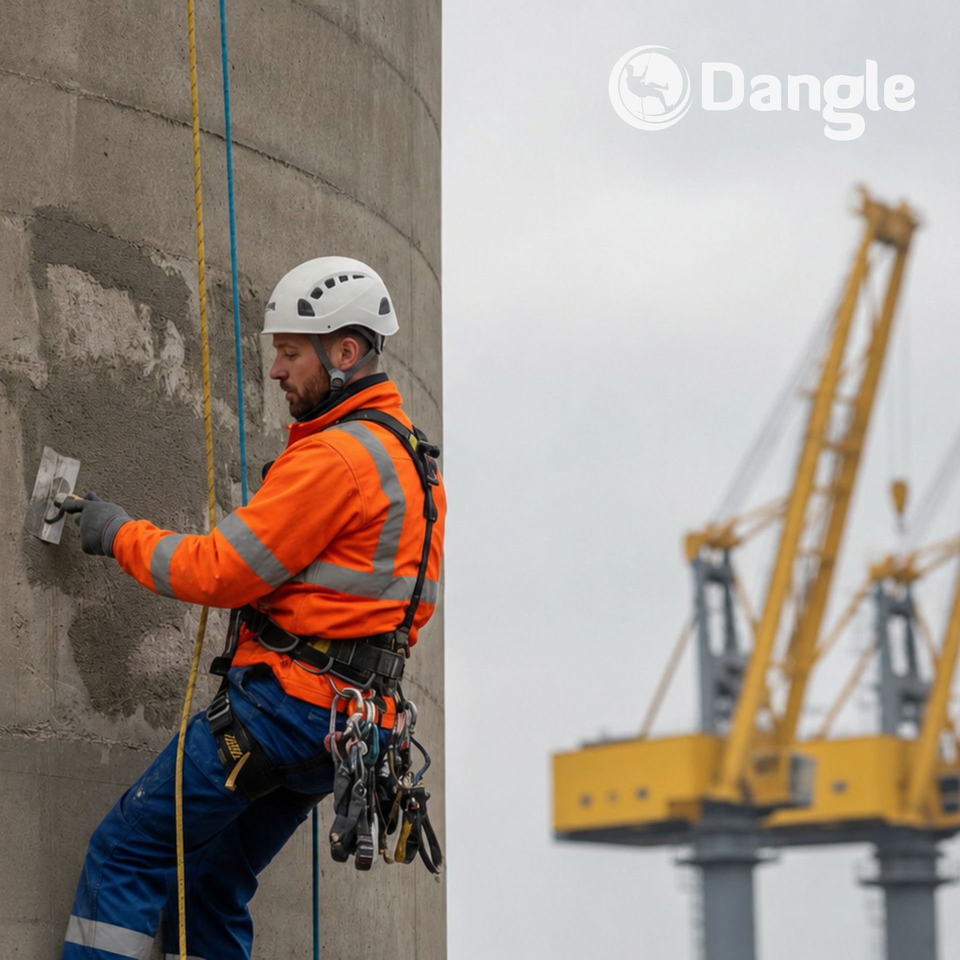 Rope worker in orange safety gear climbing a concrete silo beside cranes at a construction site