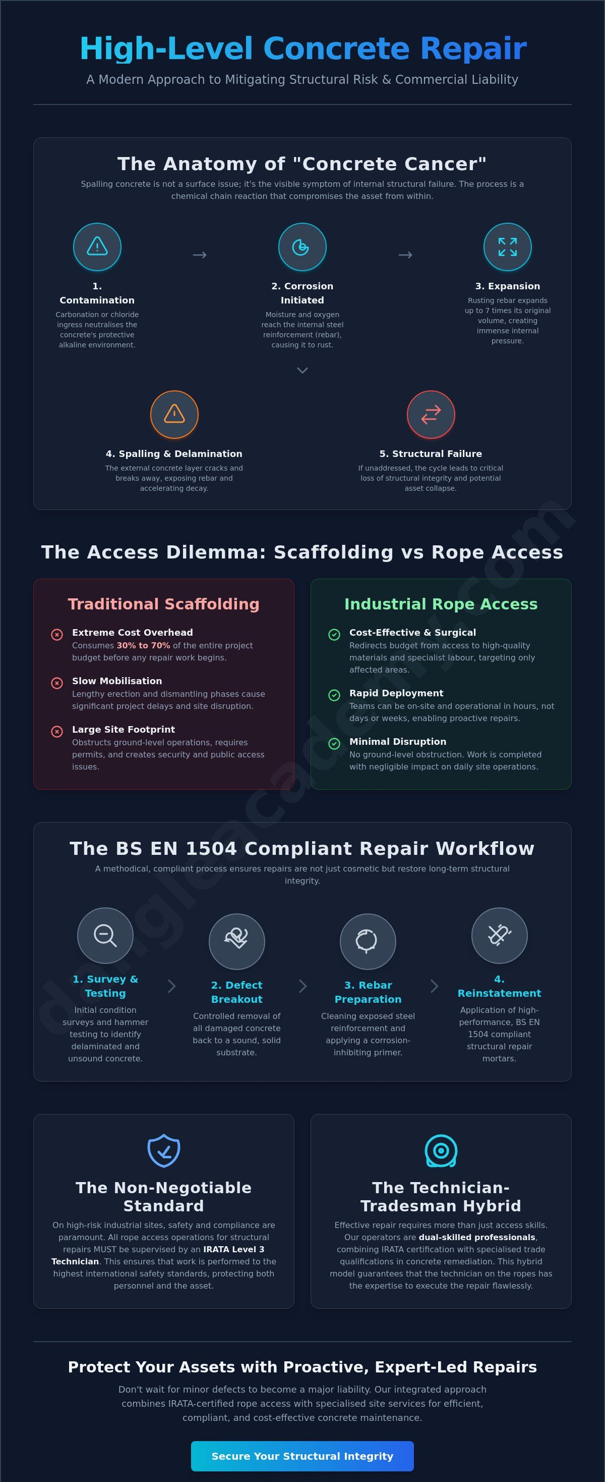Dark blue infographic titled “High-Level Concrete Repair” with sections, icons, and text blocks in white