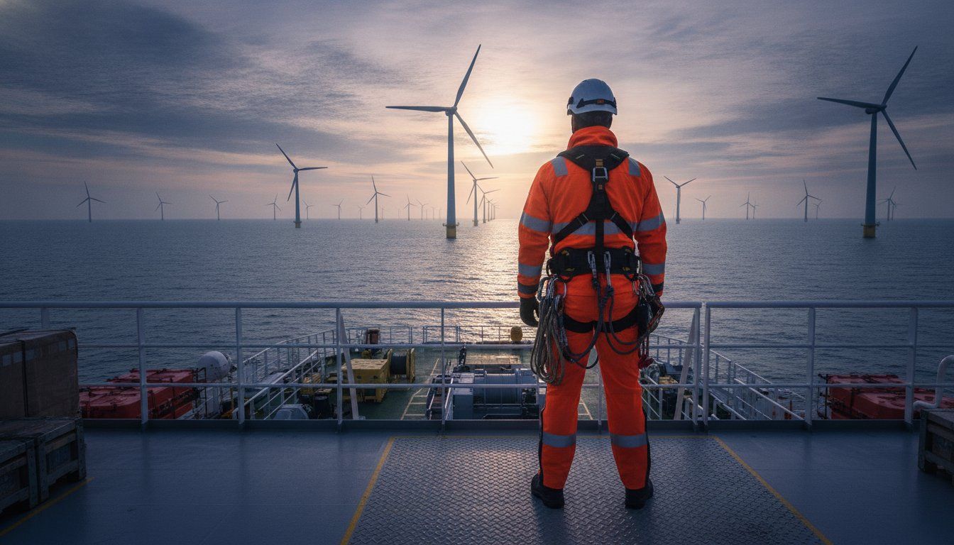 a Dangle® wind energy worker in orange safety gear stands on an offshore platform overlooking wind turbines at sea.