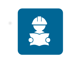 Blue square with a white icon of a person in a hard hat reading a document.