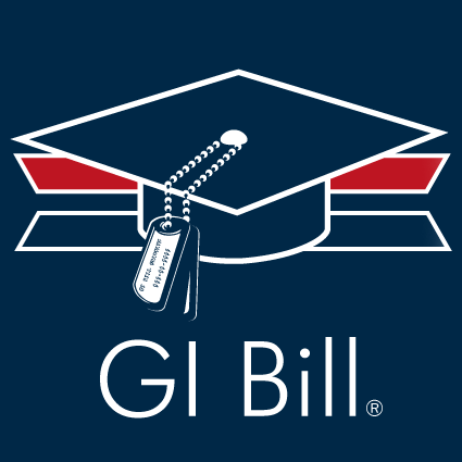 GI Bill logo with a graduation cap, tassel, and red-white-blue book on a navy background