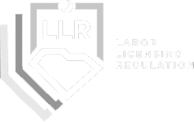 White logo of a shield with “LLR” and faint text “LABOR LICENSING REGULATION” on a white background