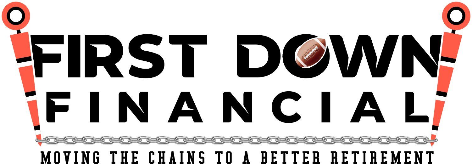 Logo for First Down Financial. Black text with football and chain links. Orange goalpost markers.