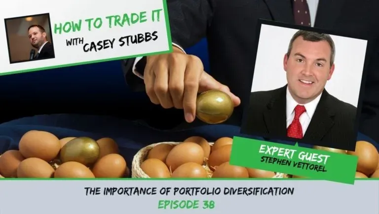 Promotional graphic for a podcast episode: a man holding a golden egg with two headshot inserts and text about portfolio diversification.