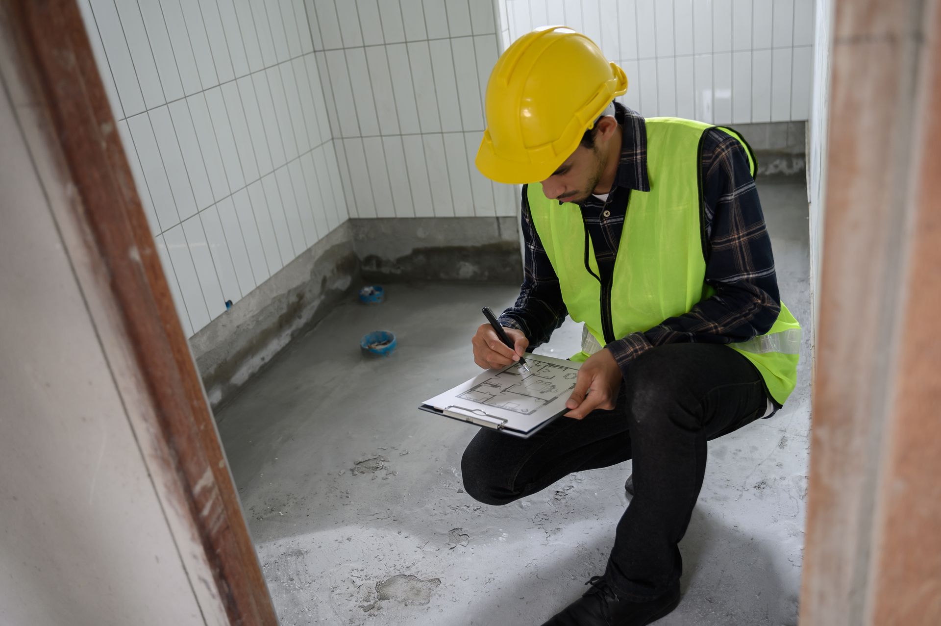 Worker in yellow hard hat and safety vest kneeling and writing on clipboard in tiled room under construction