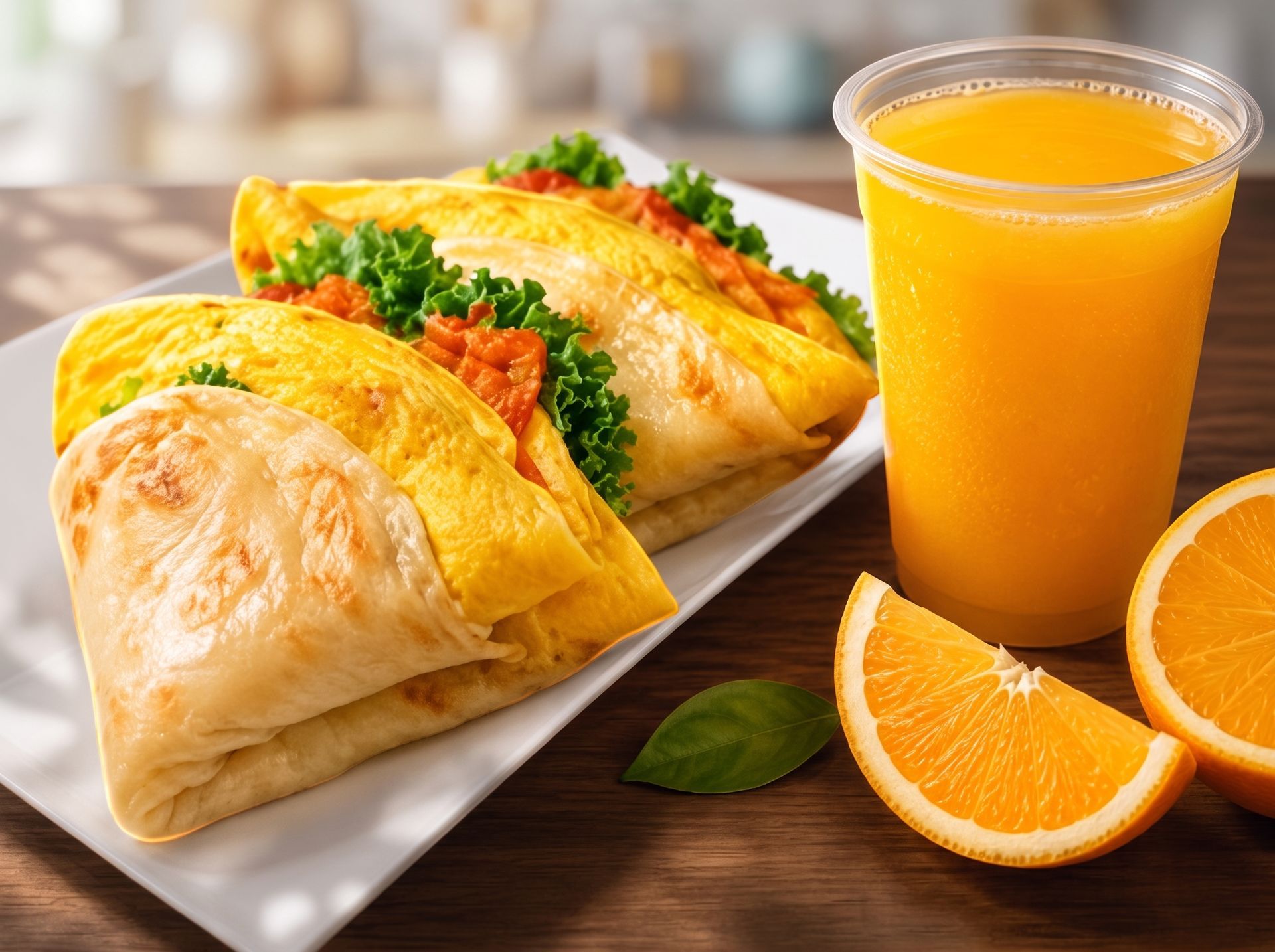 Breakfast wraps with scrambled eggs and herbs beside a glass of orange juice and orange slices