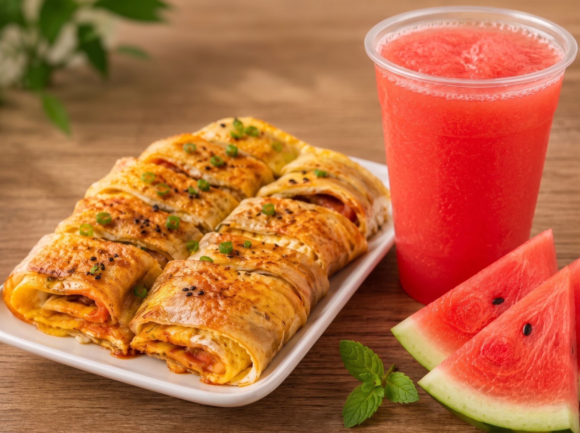 Plate of baked stuffed rolls with a red drink and watermelon slices on a wooden table