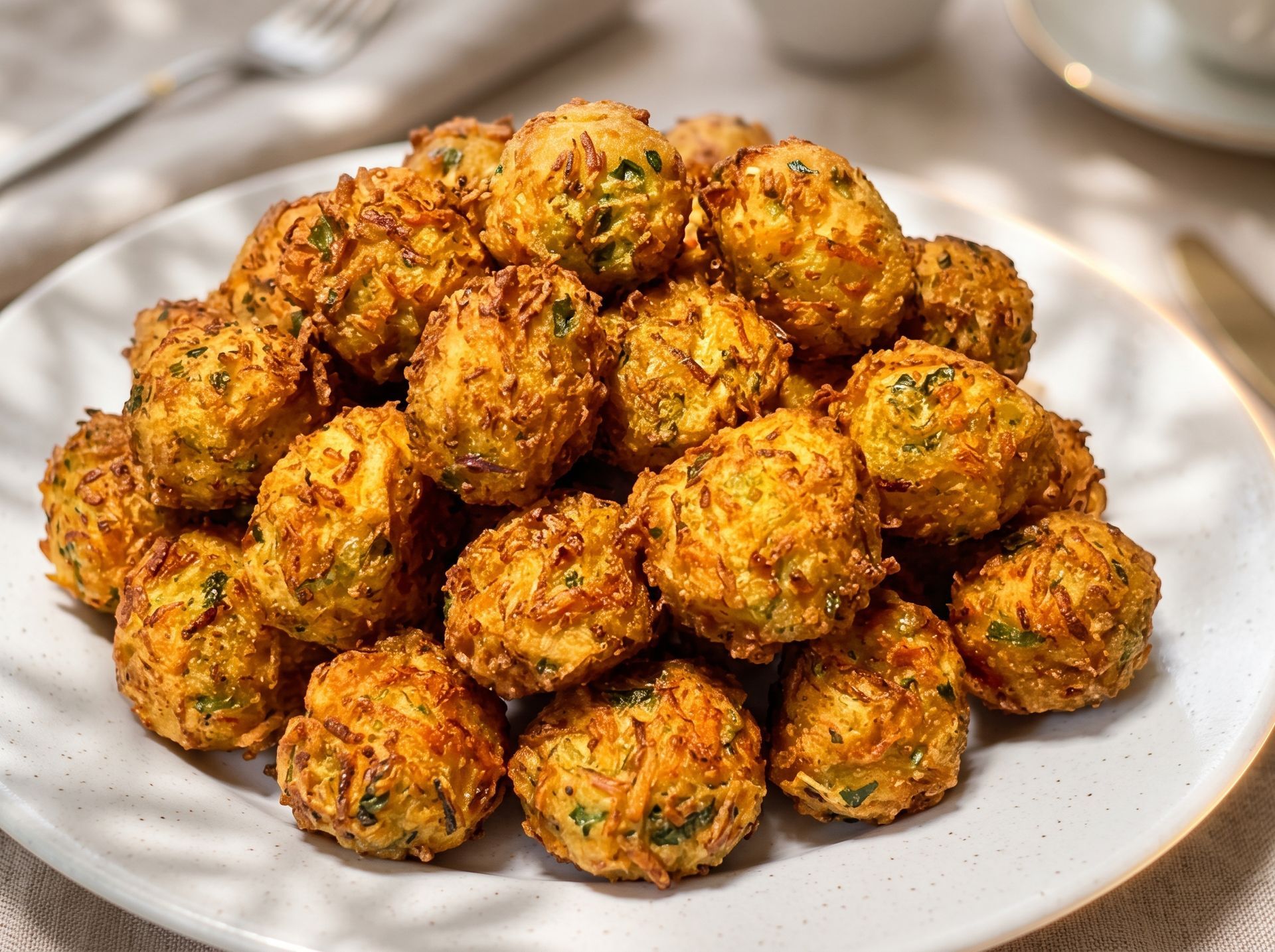 Plate of golden-brown fried fritters piled on a white dish