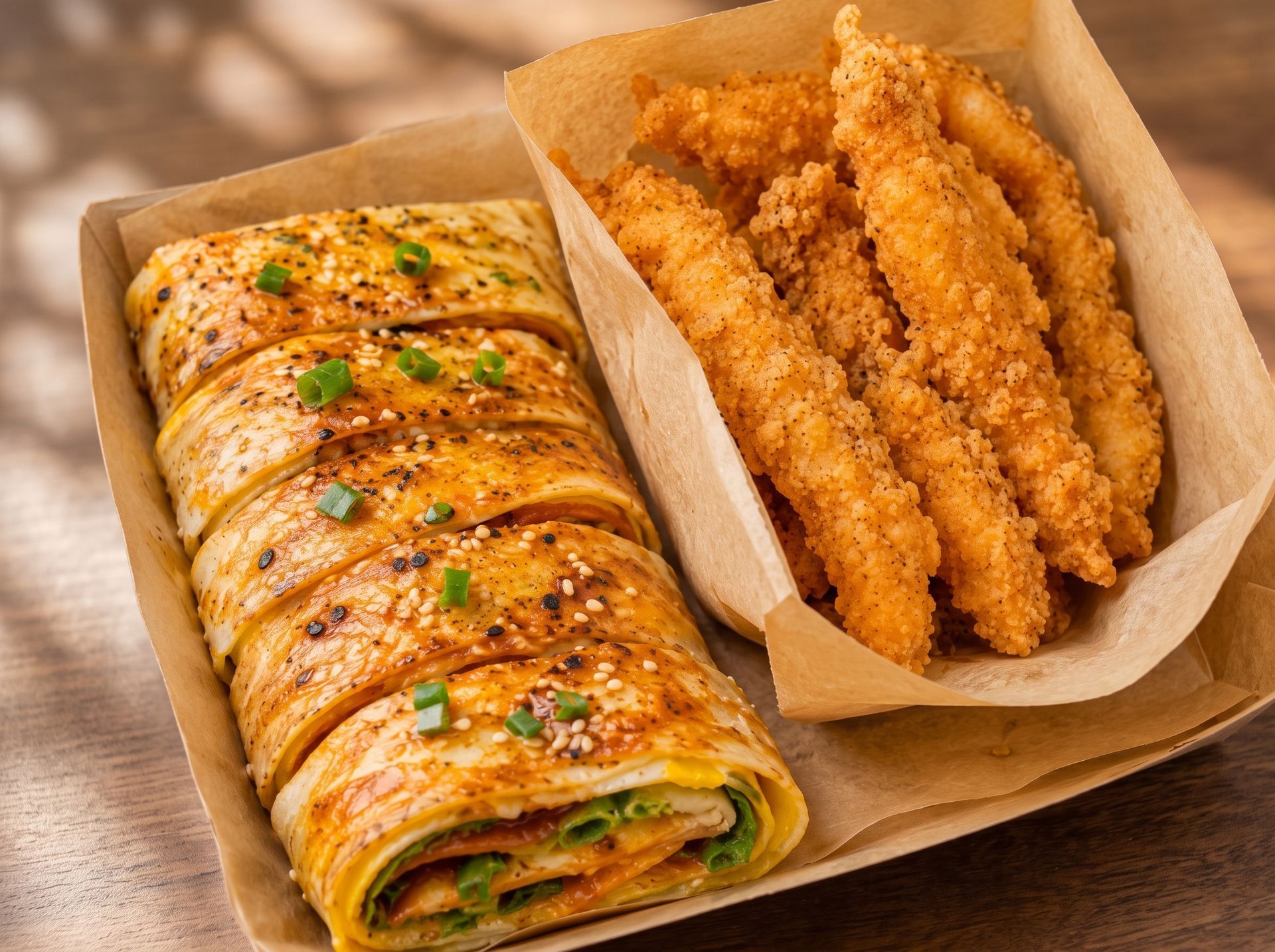 Sliced stuffed wrap beside crispy breaded chicken strips on a wooden board