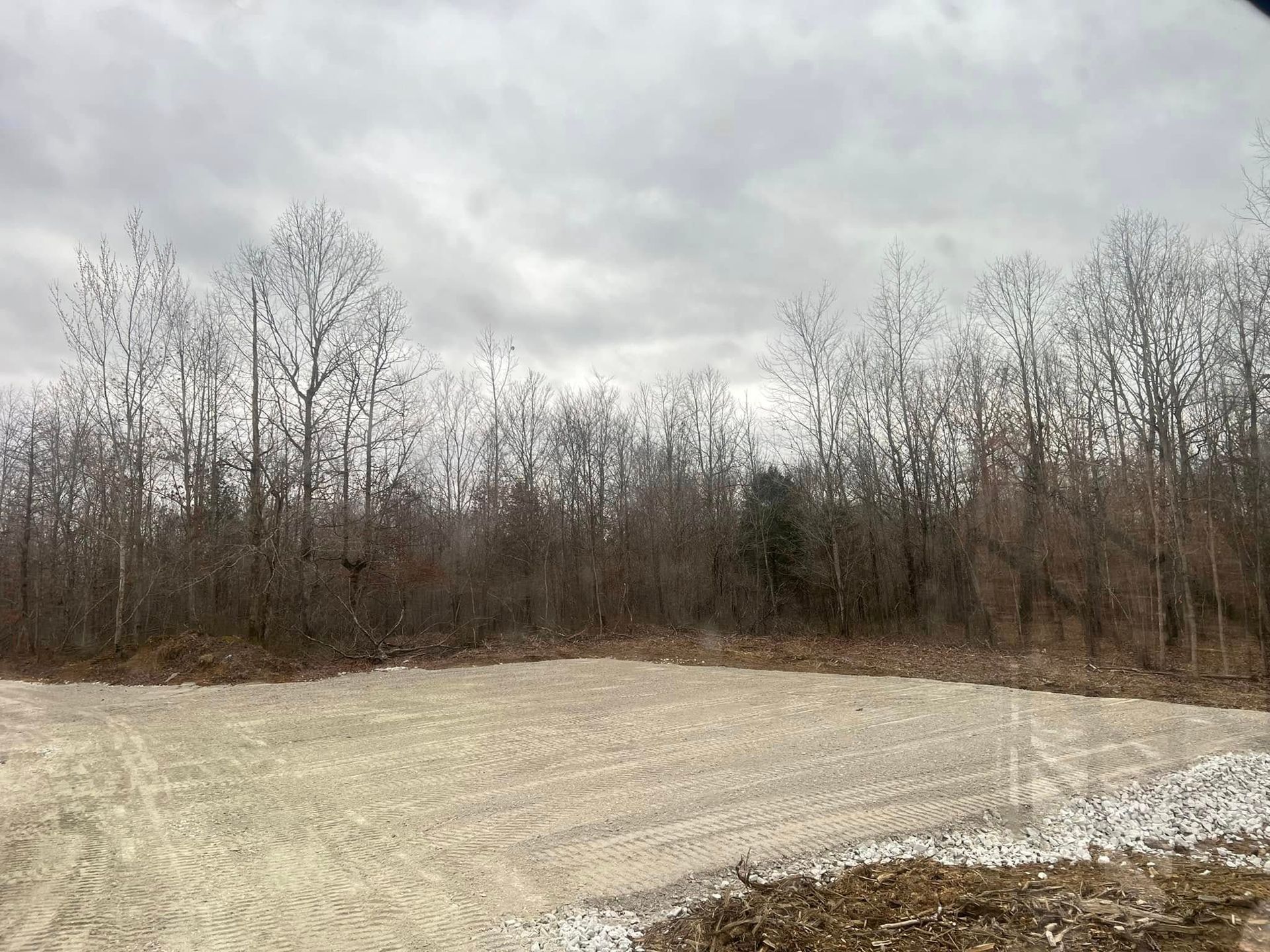 Gravel lot beside leafless trees under a cloudy sky