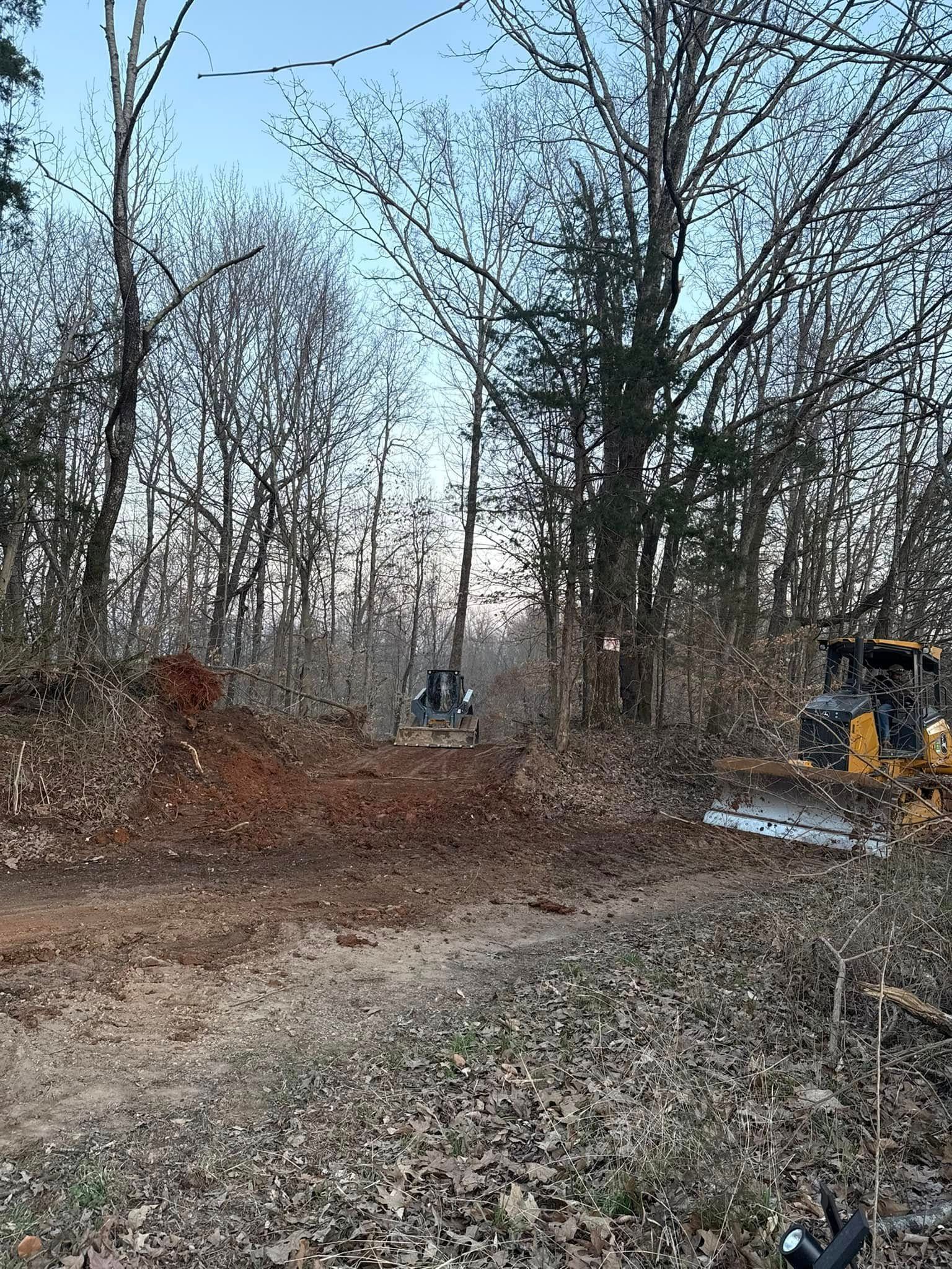 Wooded dirt clearing with a bulldozer at right and leafless trees under a pale sky