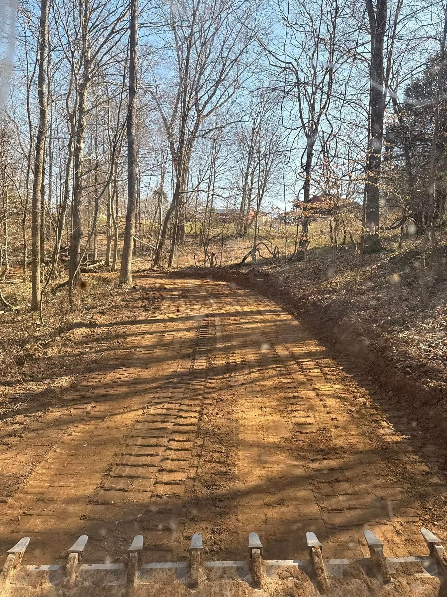 Dirt trail through a leafless forest, with tire tracks and a gate in the foreground.